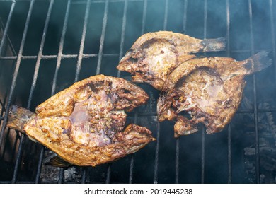 Hot Smoked Fish In A Home Smokehouse.Cooking Outdoors.