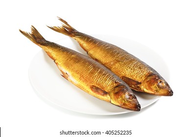 Hot smoked herring on plate isolated on a white background