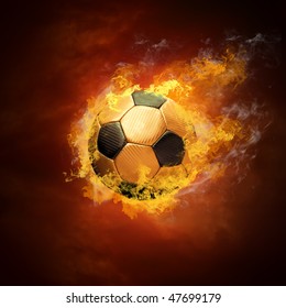 Hot soccer ball on the speed in fires flame