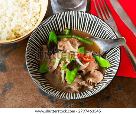 Hot soup with beef and basil. Traditional Thai food