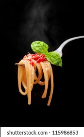 Hot Spaghetti With Tomato, Basil And Grana. Italiano Dish