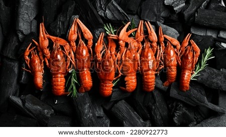 Hot spicy boiled crayfish on hot charcoal. On a charcoal background. Free space for text.