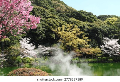 Hot Spring Surrounded by Cherry Blossoms and Green Trees in Japan - Scenic Japanese hot spring with rising steam, blooming cherry blossoms, and lush green trees during springtime.