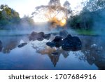 Hot springs and fog beautiful with sunlight the morning at Chae Son National Park  Mueang Pan district, Lampang province Thailand 