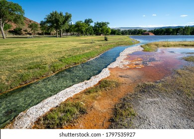 Hot springs mineral water flows through Hot Springs State Park in Thermopolis, Wyoming