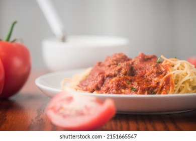 Hot Steamy Spaghetti Dinner Serving On White Plate Set Up