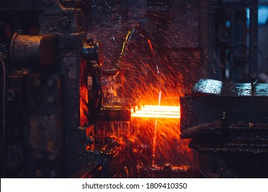 Hot Steel On Conveyor In Steel Mill