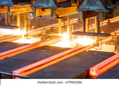 Hot Steel On Conveyor In Steel Plant