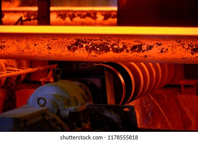 Hot Steel Plate On Conveyor In Steel Plant