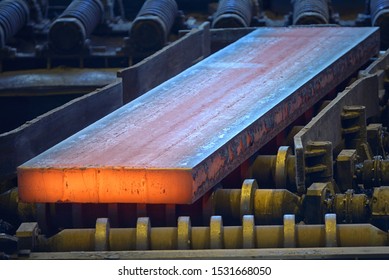 Hot Steel Plate On Conveyor Inside Of Steel Plant