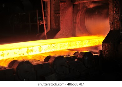 Hot Steel Plate On Conveyor In Steel Plant