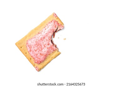 Hot Strawberry Iced Toaster Pastry with Sprinkles Isolated on White Background Toasted Frosted breakfast stuffed Tart cookies Bite Taken out and bitten