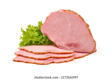 Hot stuffed pork ham with lettuce leaf, isolated on white background