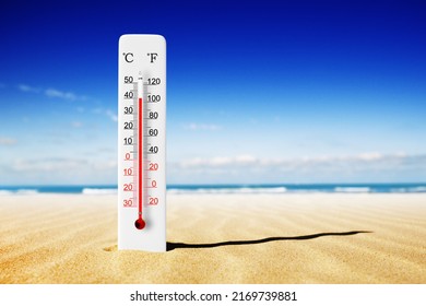 Hot Summer Day. Celsius And Fahrenheit Scale Thermometer In The Sand. Ambient Temperature Plus 40 Degrees 