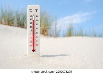 Hot Summer Day. Celsius And Fahrenheit Scale Thermometer In The Sand. Ambient Temperature Plus 41 Degrees 