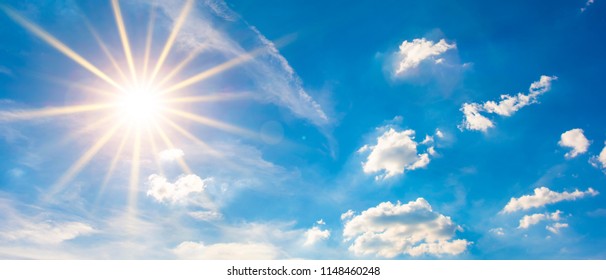 Hot Summer Or Heat Wave Background, Blue Sky With Glowing Sun