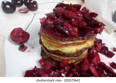 Hot Sweet Low Carb Pancakes With Fresh Cherries