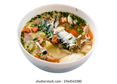 Hot tasty healthy soup with fish and vegetables served on a round plate isolated on a white background, fish soup ear - Shutterstock ID 1964543380