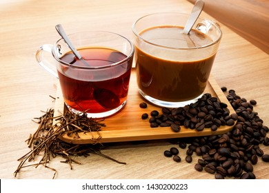 Hot Tea And Coffee With Tea Leaves And Coffee Beans