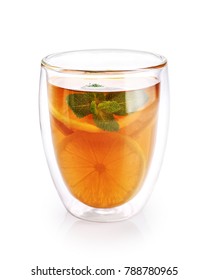 Hot Tea With Mint And Lemon In A Glass With Double Walls Isolated On White Background.