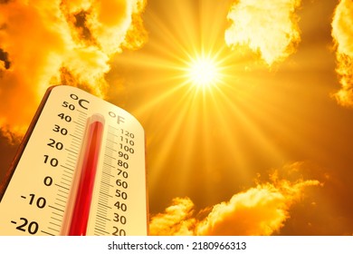 hot temperature,Thermometer on yellow sky with sun shining in summer show higher Weather, concept global warming - Shutterstock ID 2180966313