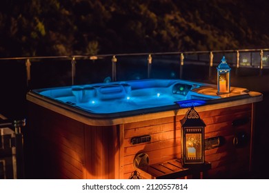 Hot tub with candles ready to take a bath. Valentines day concept - Shutterstock ID 2120557814