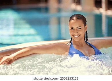 Hot tub, happy and portrait of woman at hotel for summer vacation, holiday and weekend to relax. Luxury spa, getaway and person in swimsuit in heated water for wellness, health and detox at resort - Powered by Shutterstock