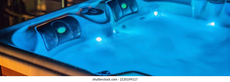 Hot tub hydromassage pool. Illuminated pool. Rest outside the city. Cottage with hydromassage pool BANNER, LONG FORMAT
