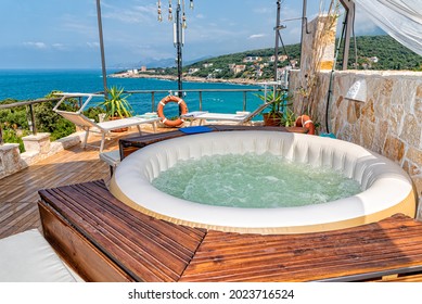Hot Tub at a Luxury Resort. Outdoor hot tub and sea view