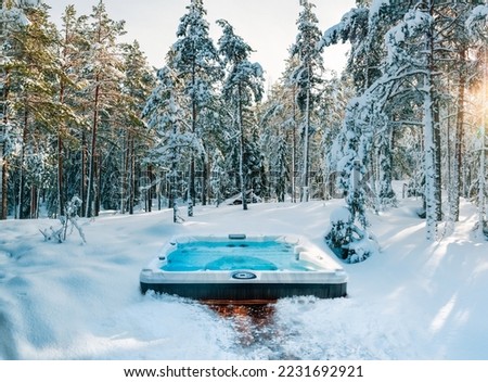 Hot tub in the middle of a beautiful winter forest. Nothing is more relaxing than a soak in a hot tub on a cold winter's day.
