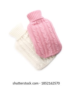 Hot Water Bottles With Knitted Covers Isolated On White, Top View