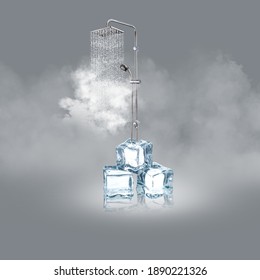 Hot Water From Ice Cube By The Shower. Coldness Is Bringing Hotness. Relaxing On Showering. Photo Manipulation Image.