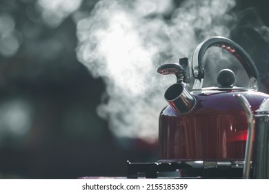The hot water kettle has steam coming out after the kettle is placed on the gas stove to boil water for drip coffee to friends who are camping together because the kettle is portable convenient