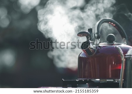 The hot water kettle has steam coming out after the kettle is placed on the gas stove to boil water for drip coffee to friends who are camping together because the kettle is portable convenient