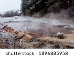 hot water lake in Kalameny village of Slovakia in misty morning