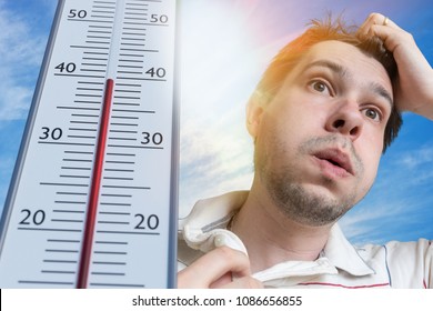 Hot Weather Concept. Young Man Is Sweating. Thermometer Is Showing High Temperature. Sun In Background.