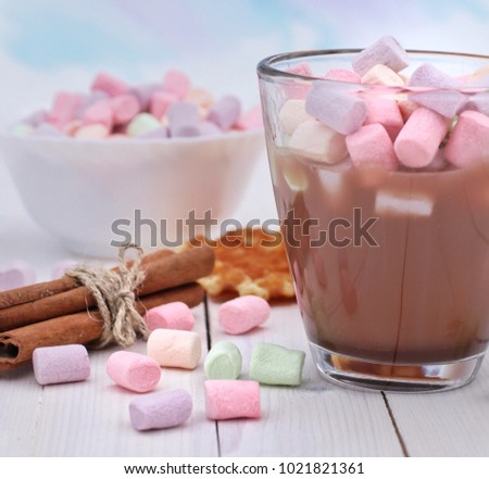 Hotchocolate with marshmallow soft pastel colors on white background