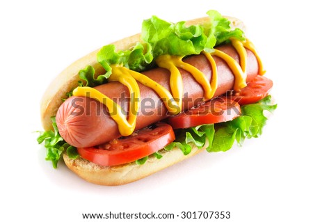 Hotdog with big sausage and fresh tomato isolated on white