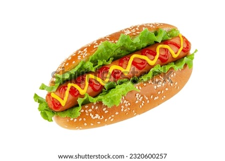 hotdog with grilled sausage and lettuce isolated on white background.