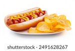 hotdog or hot dog is a dish consisting of a grilled, steamed, or boiled sausage served in the slit of a half sliced bun served with potato chips, ketchup and mustard.  isolated on white background