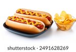 hotdog or hot dog is a dish consisting of a grilled, steamed, or boiled sausage served in the slit of a half sliced bun served with potato chips, ketchup and mustard.  isolated on white background