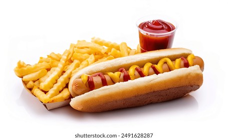 hotdog or hot dog is a dish consisting of a grilled, steamed, or boiled sausage served in the slit of a half sliced bun served with french fries, ketchup and mustard.  isolated on white background - Powered by Shutterstock