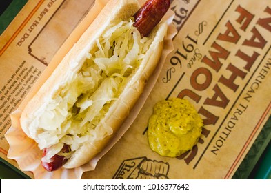 A hotdog from Nathans in New York City. Nathans is in Coney Island, New York.