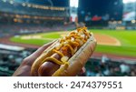 Hotdog with relish, mustard, onions in hand, baseball stadium background blurred. Hotdog with mustard, relish, and onions, focus on baseball stadium lights.