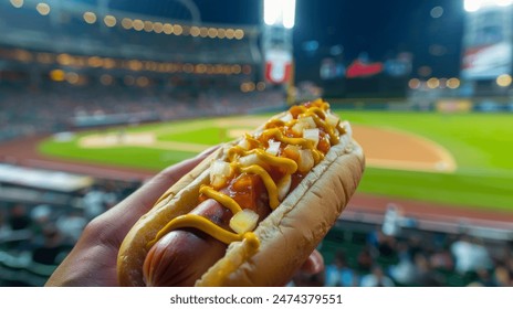 Hotdog with relish, mustard, onions in hand, baseball stadium background blurred. Hotdog with mustard, relish, and onions, focus on baseball stadium lights. - Powered by Shutterstock