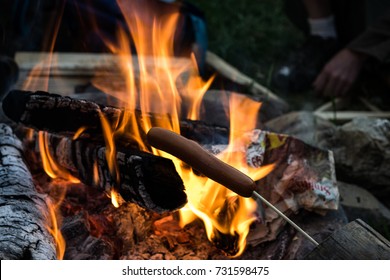 A Hotdog Roasting In Front Of A Backyard Bonfire.