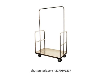 Hotel Baggage Cart Or Stainless Steel Trolley Bag, Isolated On White Background With Clipping Path.