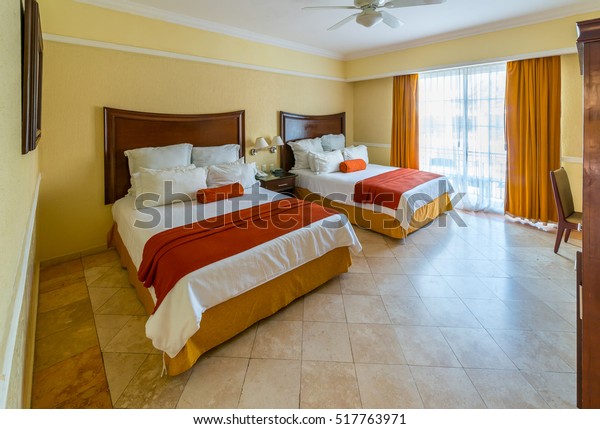 Hotel Bedroom Traditional Tropical Caribbean Style Stock Photo