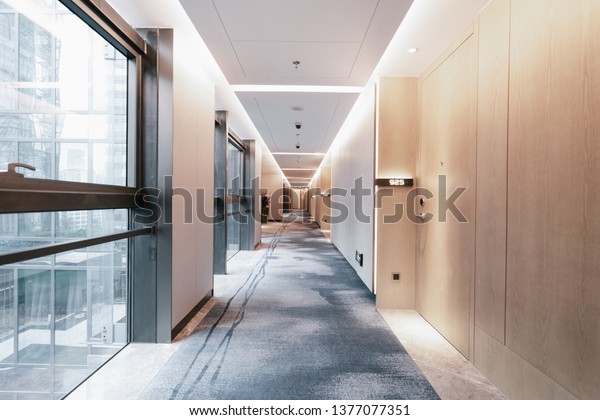 Hotel Corridor Wooden Finishes Floor Ceiling Stock Photo