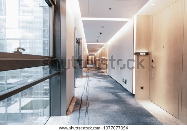 Hotel Corridor Wooden Finishes Floor Ceiling Stock Photo